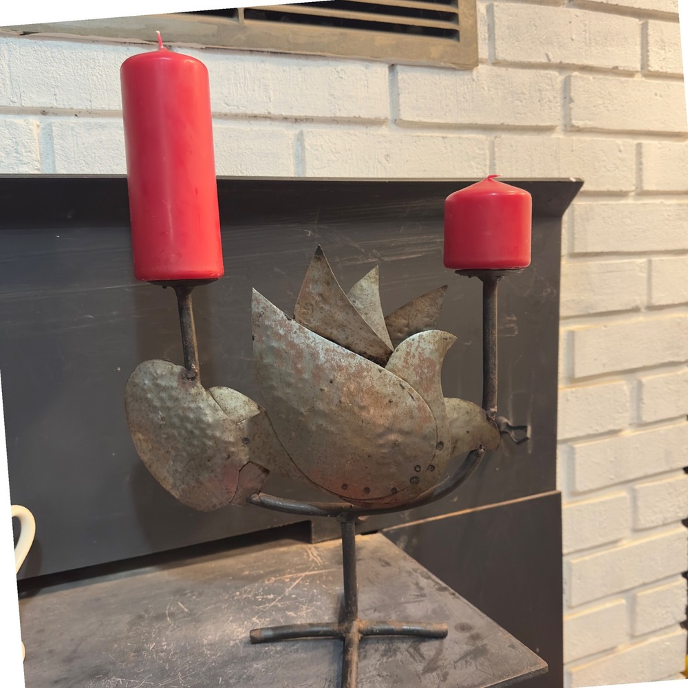 Rustic Metal 10"‎ Bird Candelabra Two Candle Holder Vintage Farmhouse Artisan